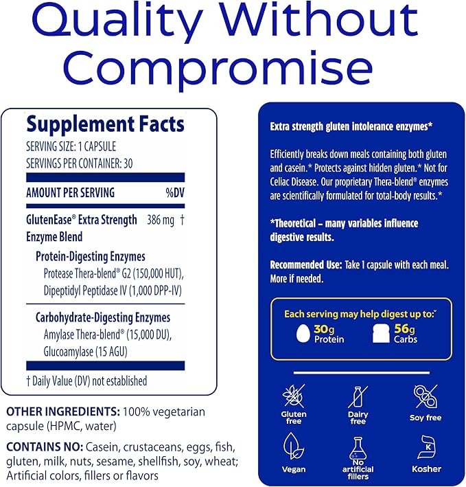 Enzymedica - GlutenEase Extra Strength, Complete Gluten & Casein Formula with Digestive Enzymes + DPP-IV, 30 Capsules