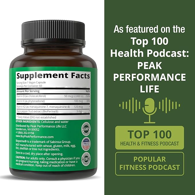 Peak Performance Advanced Vitamin D 2000 IU with All 3 Types of Vitamin K Vitamin D3 and Vitamin K2, K1, MK-7 (MK7), MK4 Supplements - 60 Small and Easy to Swallow Vegetable Pills