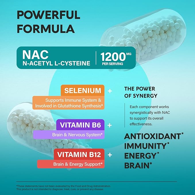 NAC Supplement | Selenium | B6 | B12 - Antioxidant, Immune Support - N Acetyl Cysteine 600 mg per Capsule, 1200 mg per Serving - Made in USA - Non-GMO, Gluten-Free, Vegan - 120 caps, 2 Month Supply
