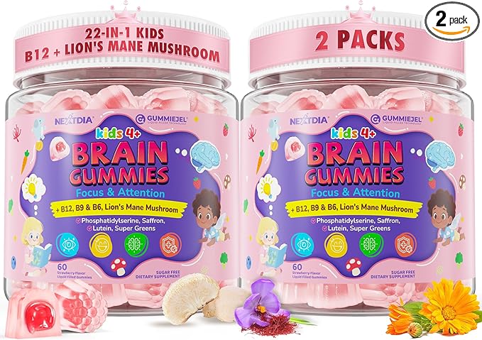 Kids Brain Gummies with Lion's Mane Mushroom, Methyl B6, B9, B12, Supper Greens, Lutein, Brain Booster Supplement for Focus & Attention, Cognitive Function, Vision & Energy, Sugar Free, Vegan 2 Pack