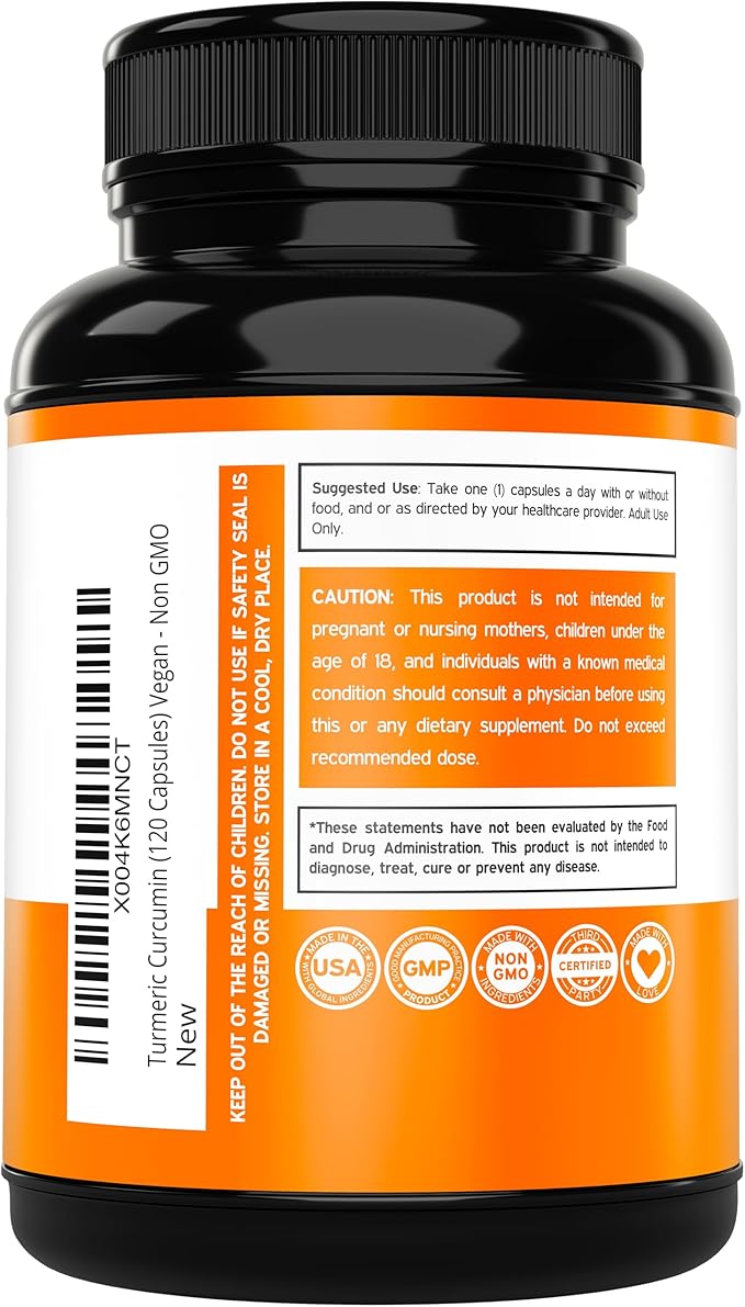 Turmeric Curcumin Supplement with Black Pepper, Ginger, Moringa (Made with 95% Curcuminoids) Third Party Tested, Non-GMO, Gluten Free - USA Made - (120 Capsules)