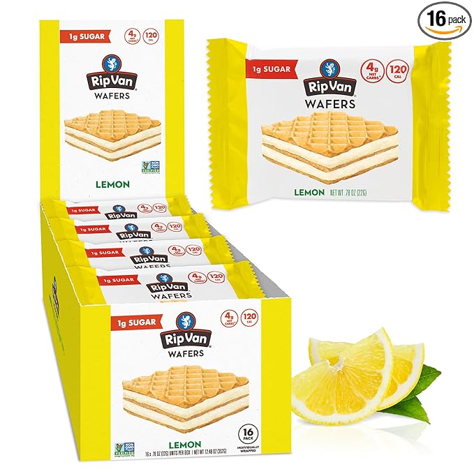 Rip Van Wafels Lemon Cookies, 16 Count, 1g Sugar, 4g Carbs, Vegan, Keto Friendly, Low Calorie, 0g Trans Fat, 120 Calories, 6g Fiber