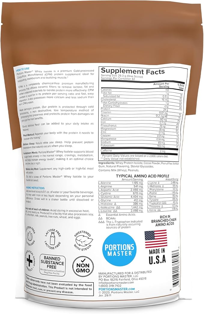 Portions Master CFM Whey Isolate Protein Powder, 2 LB, 23g Low Carb, Low Fat, Cold-Processed, Fast Absorbing, Muscle Growth & Recovery Support (Peanut Butter Cup)