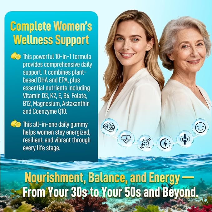 duwhot Vegan Omega-3 Gummies for Women, Algae DHA & EPA 1000mg, with CoQ10, Astaxanthin, Fish Oil Supplement Alternative for Adults, Heart & Brain Health, 60 Count
