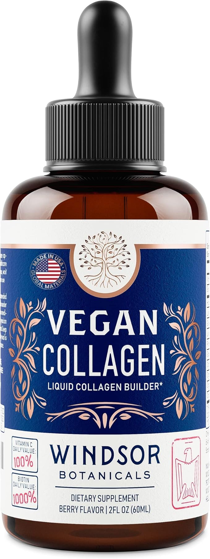 Vegan Collagen Builder Liquid - Vitamin C, Biotin, Hyaluronic Acid & Amino Acids Sugar Free Vegeterian Collagen Booster - Organic Fruit & Vegetable Blend - Hair & Nail Growth, Skin Health - 2oz, 30Day