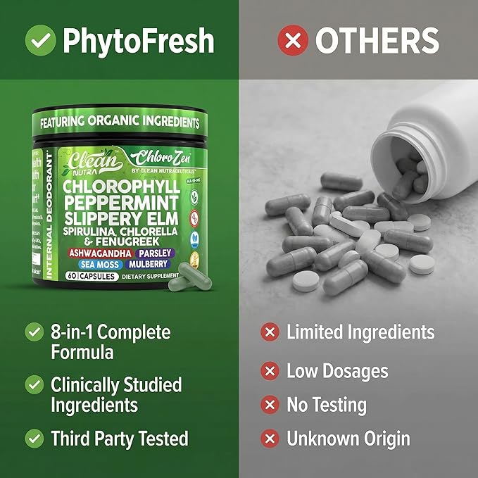 Clean Nutra Chlorophyll Capsules + Peppermint Slippery Elm Spirulina Chlorella Fenugreek Ashwagandha Sea Moss Supplement – Ph Balance for Women Detox Internal Deodorant Supplement + Prebiotics 60 Ct