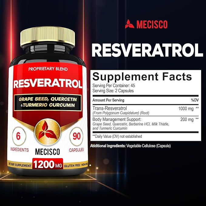 Mecisco Trans Resveratrol Supplement with Grape Seed, Milk Thistle, and More - Resveratrol - 6 Herbal Supports for Immune System, Heart Health, Body Management - 90 Capsules