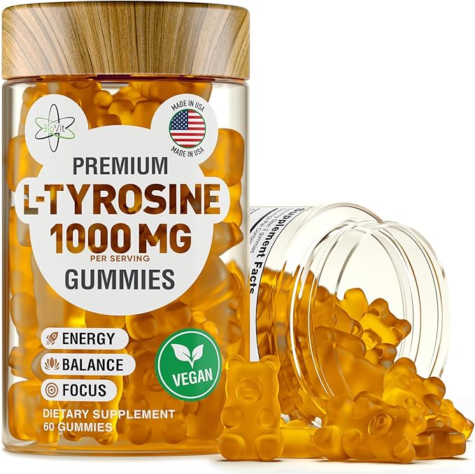 BioVit L Tyrosine Gummies - Activated Amino Acid L Tyrosine Supplement - Natural Focus, Mood and Energy Supplement for Kids & Adults - L-Tyrosine 1000MG per Serving, 500MG per Gummy - 60 Vegan Gummies
