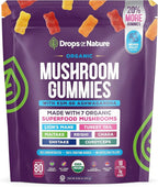Drops Of Nature Lions Mane & Ashwagandha Gummies – Turkey Tail, Maitake, Reishi, Chaga, Shiitake, Cordyceps – Organic, Low Carb Superfood Gummies – 8 in 1 Mushroom Blend (Mixed Fruit, 80 Gummy Bears)