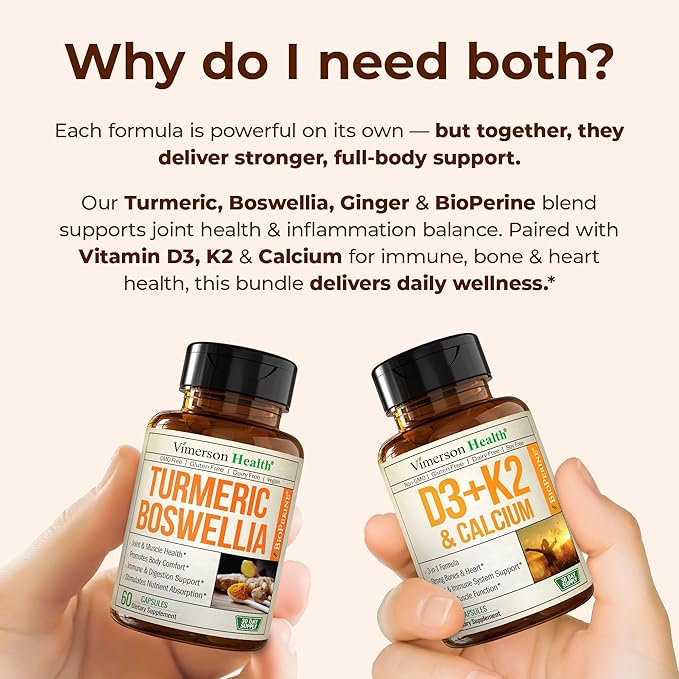 Boswellia Turmeric Curcumin Supplement + Vitamin D3 K2 5000 IU Bundle – Supports Joint Health & Immune, Bone, Heart Health – with Ginger Root, Organic Turmeric Powder, Vitamin D, K2, Calcium