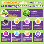 Ashwagandha Gummies - 10 IN 1 Organic Ashwaganda Gummies for Women & Men, with L Theanine, Vitamin B6, Black Pepper for Relaxation*, Cognitive, Immune, Zzz, Cortisol, Vegan, Berry Flavor - 60 Count