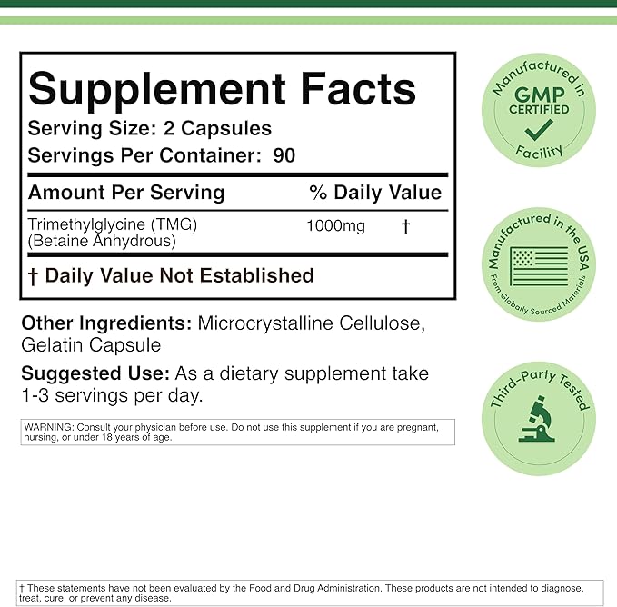 TMG Trimethylglycine Supplement - 99%+ Tested Purity - 1,000mg Per Serving, 180 Capsules (TMG Supplements for Homocysteine Control) Genuine TMG with Fishy Smell, Gluten Free, Non-GMO