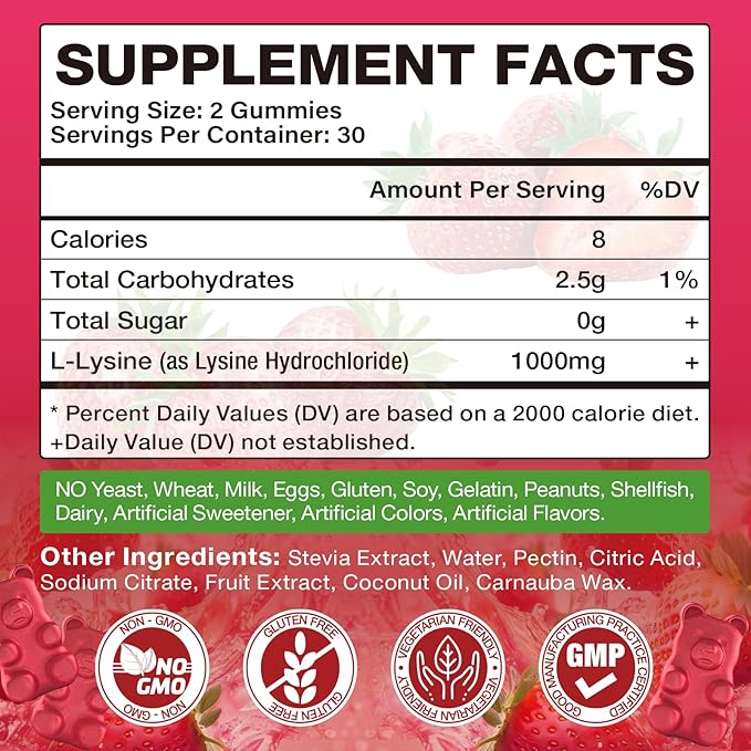 L-Lysine 1000mg Gummies, Chewable Lysine Supplement for Lips & Skin, Immune Support, Essential Amino Acid, Non-GMO, Vegan, Gluten Free, Sugar-Free, Strawberry Flavor, 60 Count
