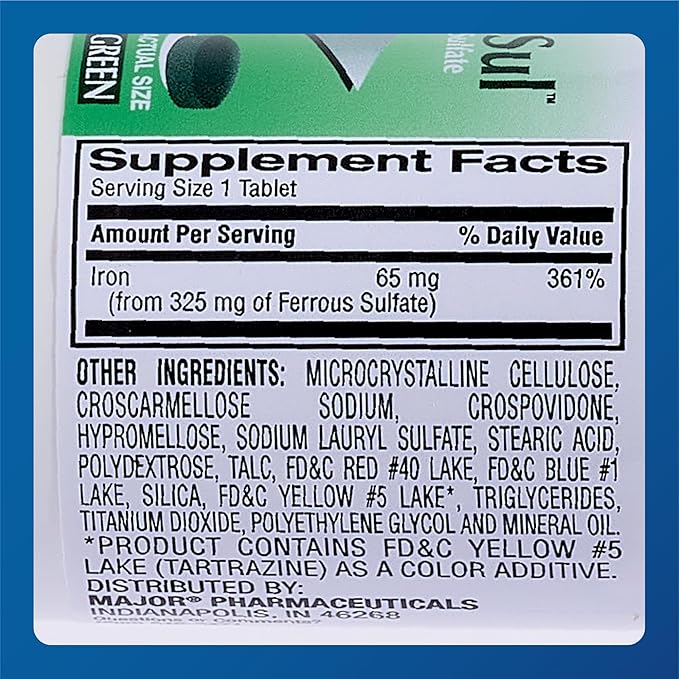 Major Ferosul - Ferrous Sulfate 325mg Tablets with 65mg of Elemental Iron - Iron Supplement for Women, Men - Green - 100 Tablets (6 Pack)