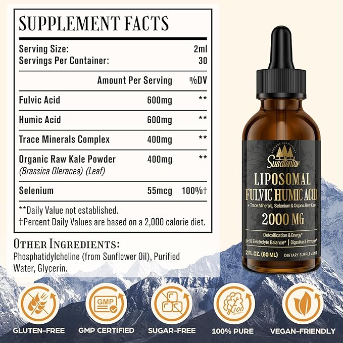 2000 MG Liposomal Fulvic Acid + Humic Acid + Trace Minerals Complex - More Potent Than Shilajit, Electrolytes Liquid Supplement with Organic Kale for Energy, Digestion, Immunity & pH Balance, 2 Oz