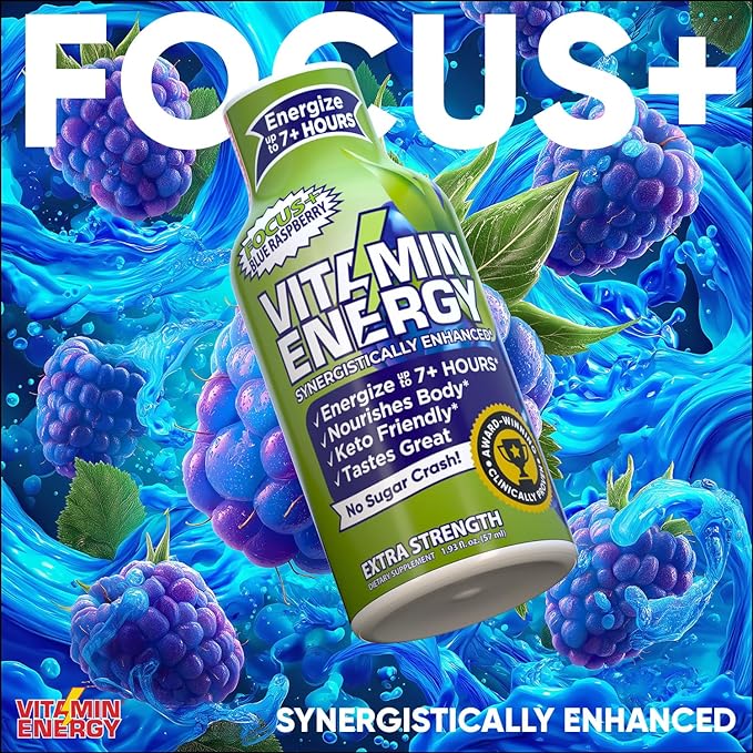 Vitamin Energy Focus+ Extra Strength Energy Shot Blue Raspberry 8 Pack, 260mg Natural Caffeine, B-Vitamins, CoQ10, Amino Acids, Focus, Productivity & Clarity, Zero Sugar, Gluten-Free, 1.93 fl oz