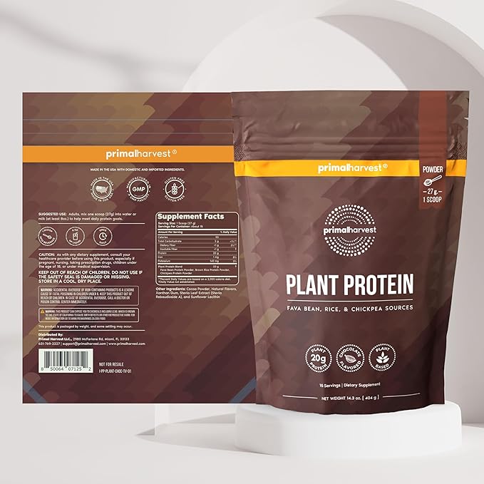 Primal Harvest Vegan Protein Powder for Nutritional Weight Support 20g Plant-Based Protein Per Serving from Fava Beans Chickpeas & Rice Chocolate Flavor 405g Gluten-Free Soy-Free No Added Sugar