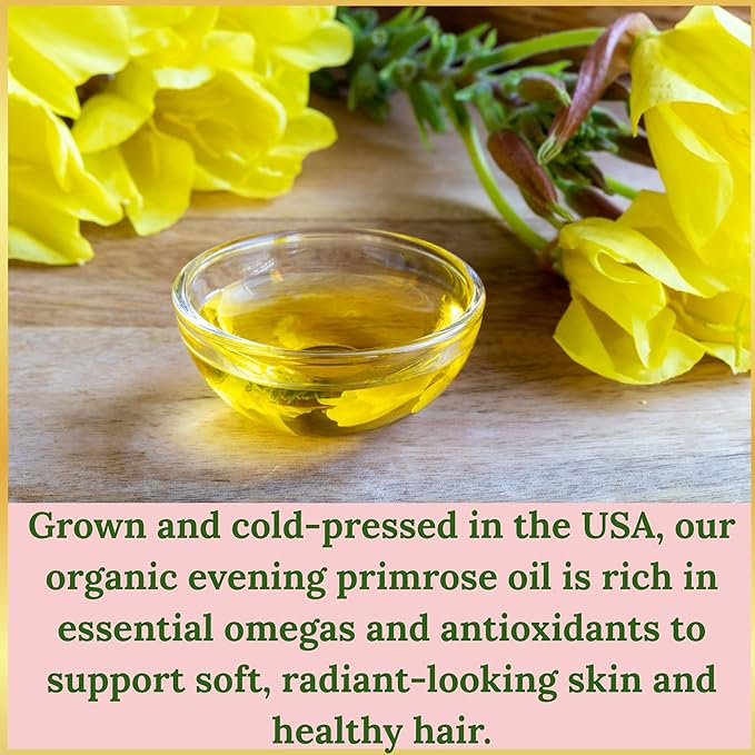 Evening Primrose Oil – 100% Pure, Cold-Pressed & Unrefined, Organic Evening Primrose Oil, Rich in Natural Fatty Acids & Antioxidants – for Skin, Hair, Massage & Carrier Oil, 4 fl oz Glass Bottle
