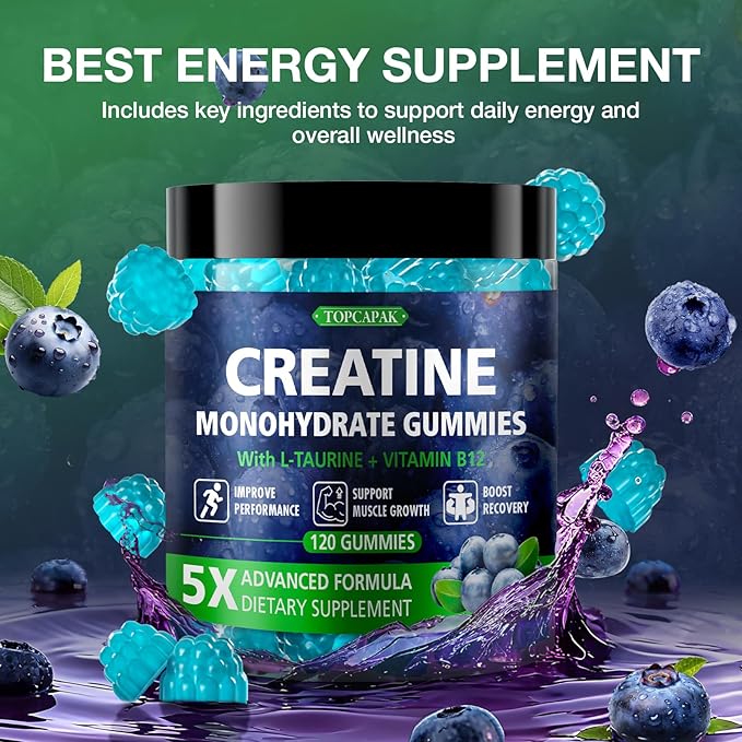 Creatine Gummies for Men & Women - Chewable Creatine Monohydrate Gummies with Taurine & Vitamin B12, 5g Creatine per Serving, Blueberry Flavor, Raspberry-Shaped - 120 Count