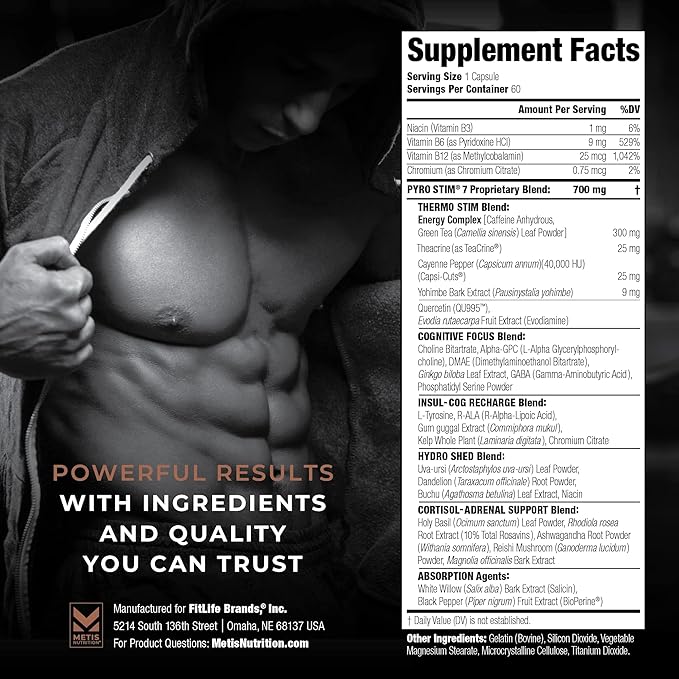 METISNutrition Pyro Stim 7 Metabolism Booster Fat Loss Support Energy Boost - Once-A-Day Thermogenic with Teacrine for Focus, Appetite Control, Muscle Toning, and Mood Control (60 Capsules)