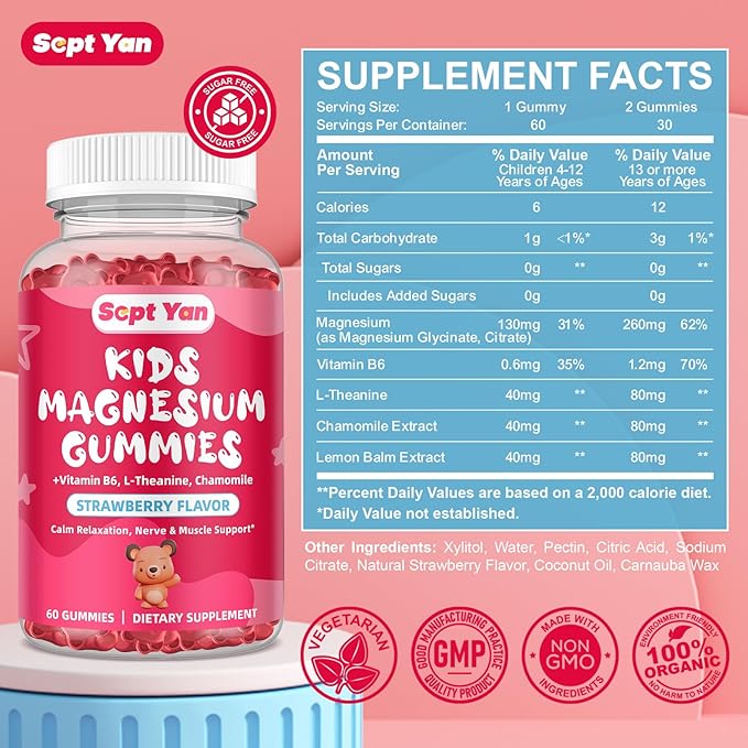 Magnesium Gummies for Kids - Magnesium Citrate Supplement with Vitamin B6, L-theanine, Chamomile & Lemon Balm - Calm Magnesium for Kids & Adults Sleep, Relaxation, Strawberry Flavor 60 Gummies