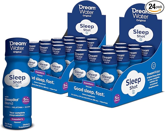 Dream Water Sleep Shots (24 Count) Sleep Aids for Adults - 5mg Melatonin, GABA, 5-HTP - Natural Snoozeberry Flavor (Blue Raspberry) - Liquid Melatonin Supplement - Zero Sugar & Gluten Free - 2.5 oz