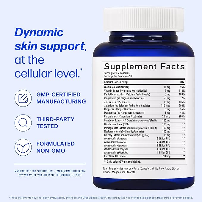 Clear Skin Supplement with Zinc, DIM & Probiotics | 3-in-1 Balance, Glow & Health Skin Support | Triple Action Hyaluronic Acid, Niaciminide & Vitamins for Hormone, Complexion & Gut Support | 60 Ct