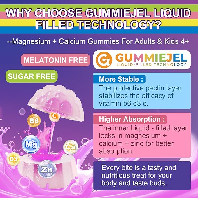 Neviss Magnesium Glycinate + Calcium Filled Gummies for Adults and Kids 4+, Kids Sleep Gummies Melatonin Free, No Sugar Magnesium Supplement w/B6 D3, L-Theanine for Zzz Relax, Brain,Bone,Muscle 2Pack