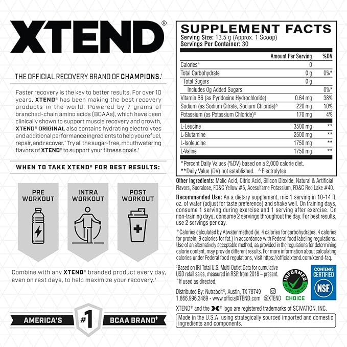 Xtend Original BCAA Powder, 7g BCAAs and 2.5g L-Glutamine for Muscle Recovery Hydration and Lean Muscle, Sugar Free Intra and Post Workout Drink with Electrolytes, Mango Madness, 30 Servings
