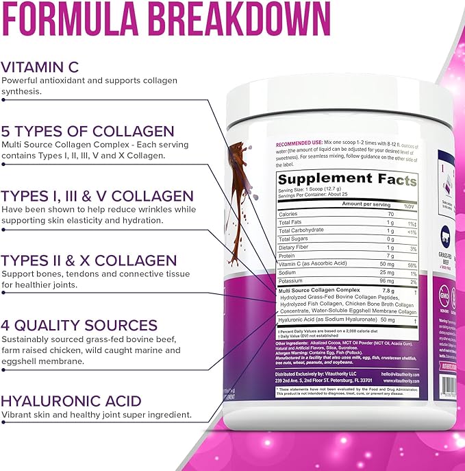 Multi Collagen Peptides Powder for Women - Hydrolyzed Chocolate Collagen Powder for Women with Types I II III V & X Vitamin C & Hyaluronic Acid for Hair Skin and Nails (Chocolate) - 25 Servings