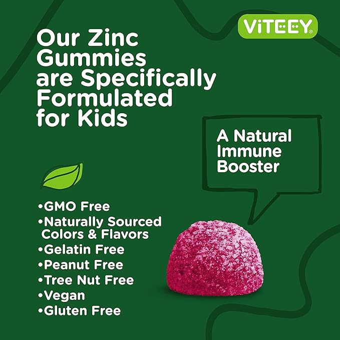 Viteey Zinc for Kids Gummies, 15mg - Immune Support - Powerful Natural Antioxidant, Kids Zinc Vitamin Supplement - Vegan, Gelatin Free, Gluten Free - Tasty Chewable Berry Flavor Gummy