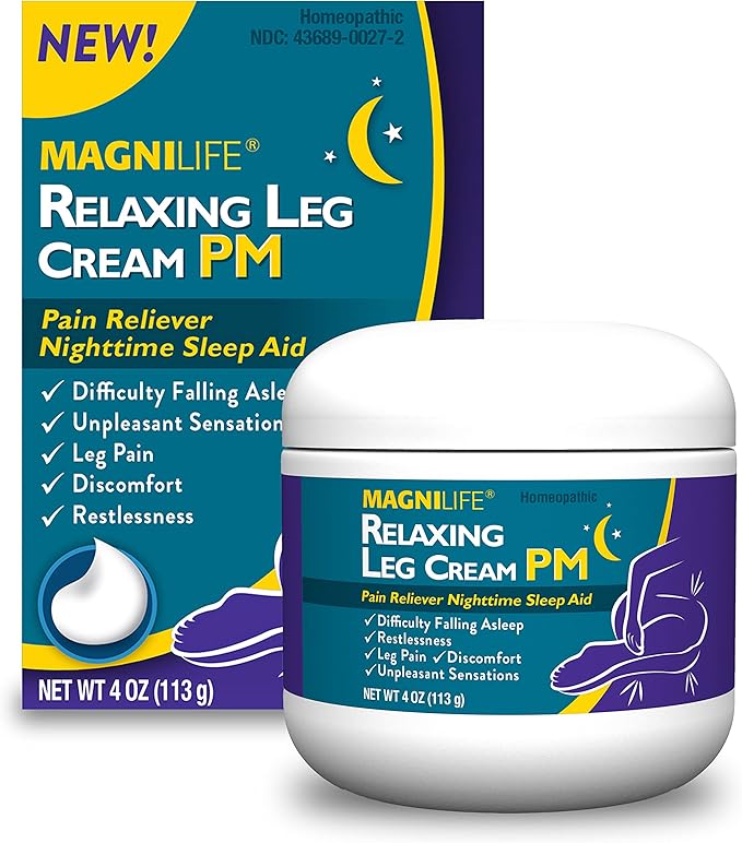 MagniLife Relaxing Leg Cream PM, 4 Oz, Homeopathic Nighttime Pain Reliever & Sleep Aid with Lavender & Magnesium, Non-Greasy Deep Penetrating Cream for Restless Legs & Discomfort