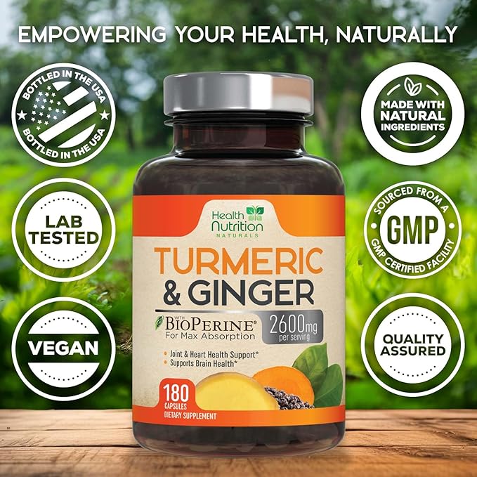 Turmeric Curcumin Supplement - 2200mg Curcumin Complex & 400mg Organic Ginger per Serving - 95% Curcuminoids & BioPerine Black Pepper for Best Absorption & Joint Support, Bottled in USA - 180 Capsules