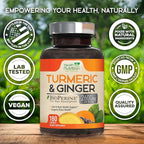 Turmeric Curcumin Supplement - 2200mg Curcumin Complex & 400mg Organic Ginger per Serving - 95% Curcuminoids & BioPerine Black Pepper for Best Absorption & Joint Support, Bottled in USA - 180 Capsules