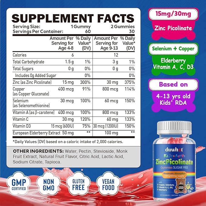Zinc for Kids Supplements, Zinc Picolinate 30mg Gummies with Copper, High Absorption Form, with Selenium, Elderberry, for Kids Teens Growth, Skin & Immune Health, Sugar Free, 60 Gummies