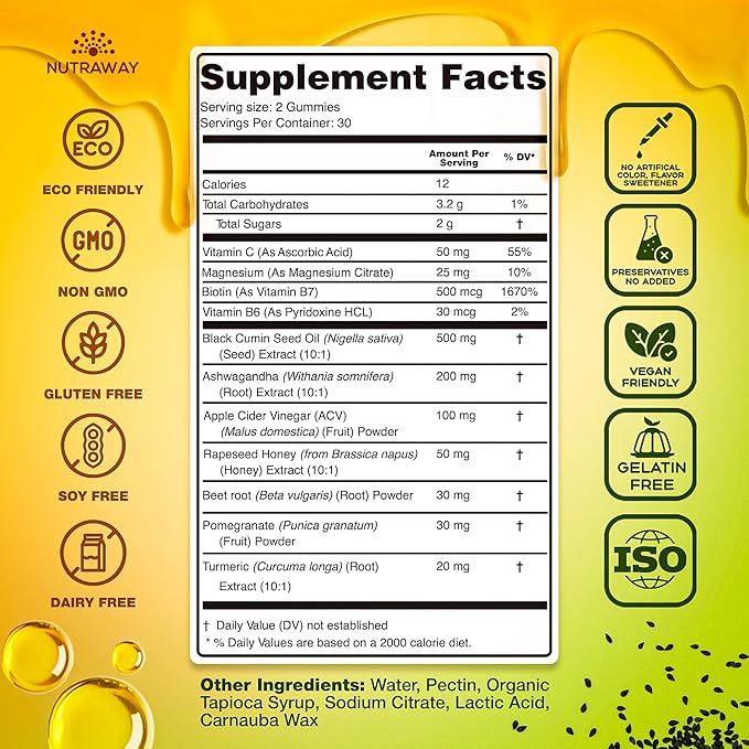 Black Seed Oil Gummies – Black Cumin Seed Oil, Ashwagandha, ACV, Biotin, Turmeric, Beet Root, Pomegranate, Vitamins C & B6 – Clean-Label Multivitamin Gummies for Adults & Kids