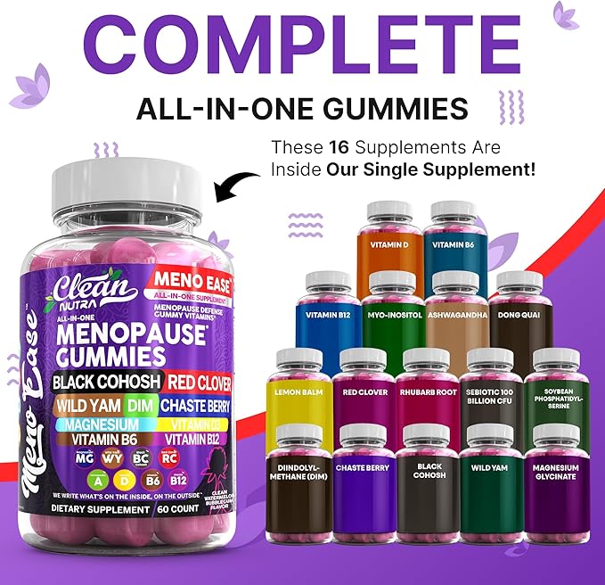 Menopause Supplement For Women Gummies with Black Cohosh, Wild Yam Magnesium, Red Clover For Menopause Relief Hormone Balance Night Sweats Mood Plus Bergamot, Vitamin D3, Vitamin B12, Vitamin B6 Clean