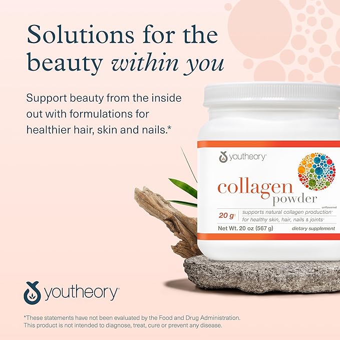 Youtheory Collagen Powder - 20 g Hydrolyzed Collagen Peptides - with Vitamin C, Biotin & Amino Acids - Supports Joint & Bone Health* - Unflavored - 20 oz (21-Day Supply)