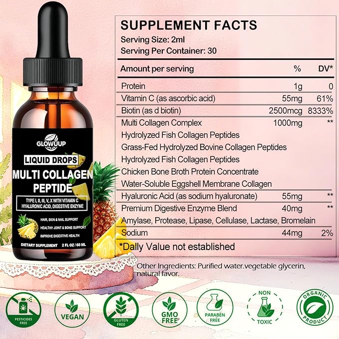 Multi Collagen Peptides Liquid Drops for Women & Men-Type I, II, III, V, X丨Hydrolyzed Collagen Peptides, Collagen Proteins W. Hyaluronic Acid, Biotin & Vitamin C for Hair Skin & Joint Gut Health