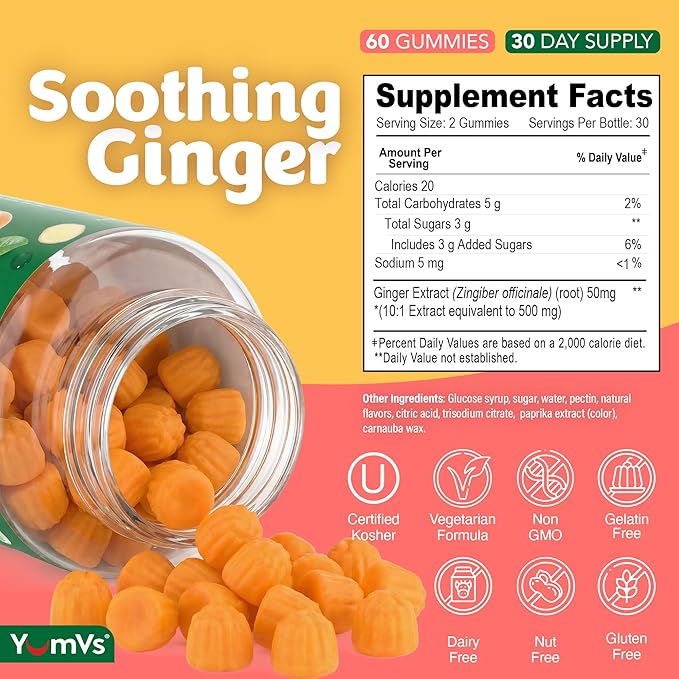 YUM-V'S YumVs Ginger Gummies, 500 mg Ginger Root Extract, Peach Flavor, Nausea Relief, Digestion & Immune Support, Vegan, Non-GMO, Gelatin-Free (60 Count)