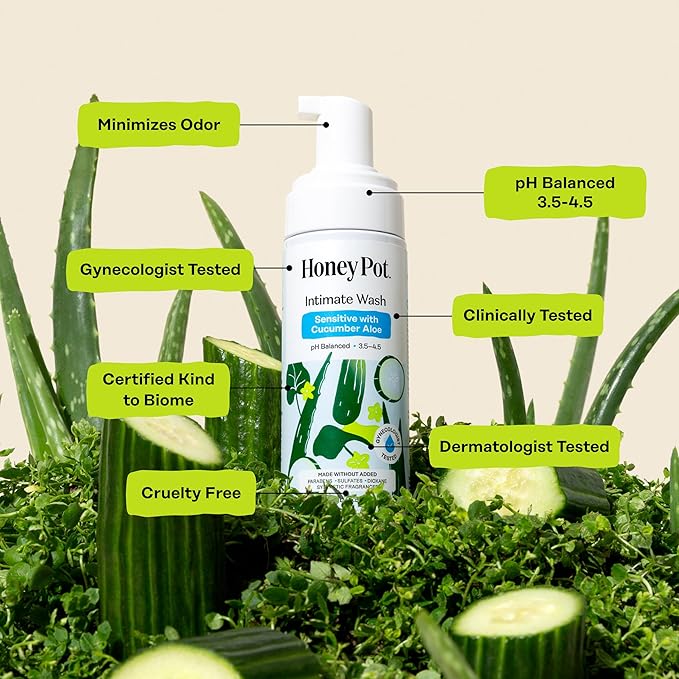 The Honey Pot Company - Feminine Wash - Herbal Infused - Sensitive Skin Types - PH Balanced Plant Based Hygiene Products - Sensitive w/Cucumber Aloe - 5.51 Fluid Oz.