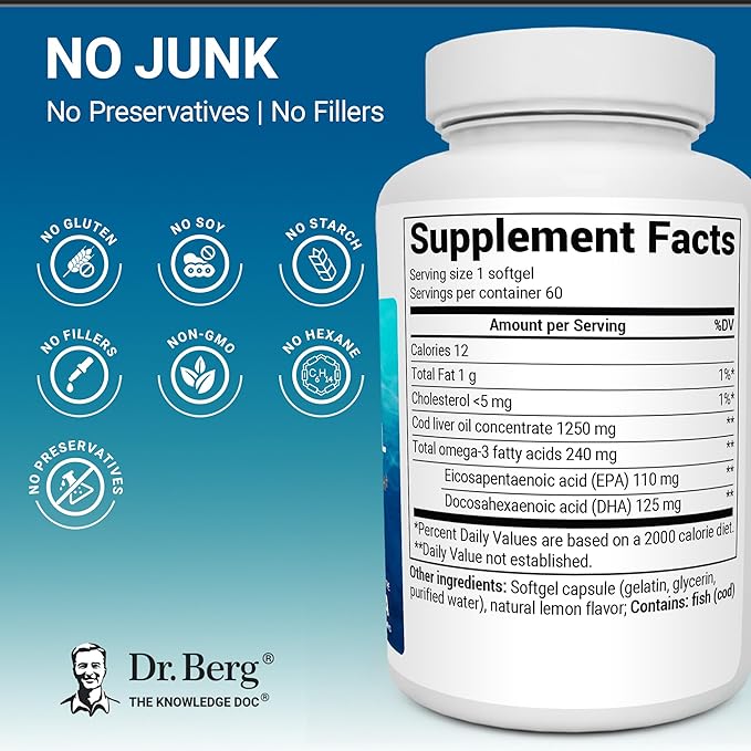 Dr. Berg Omega-3 Cod Liver Fish Oil 60 Softgels – Wild-Caught Icelandic Cod – Omega 3 EPA & DHA – Heart, Brain, Immune & Eye Support* – Lemon Flavor – 4X Lab-Tested – Non-GMO, No Fillers
