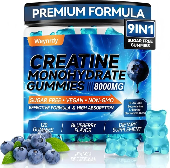 Creatine Monohydrate Gummies Complex 8000mg for Men & Women, Sugar Free Creatine Gummy with L-Taurine, BCAA 2:1, B12＆6, for Muscle Growth, Energy Boost & Recovery, Vegan, Gluten-Free, 120 Count