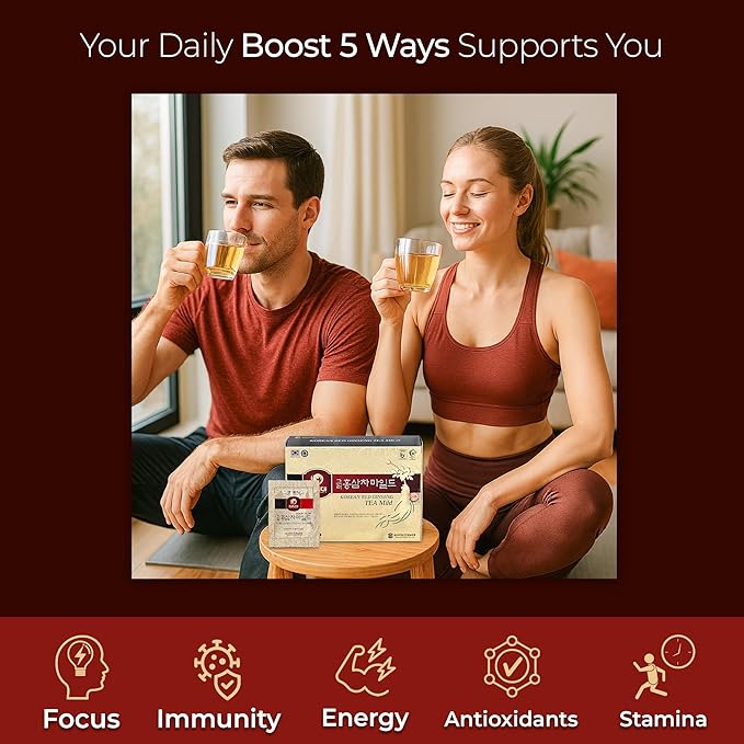 SAMSIDAE Korean Panax Red Ginseng Instant Tea, Box of 50 Sachets, Improves Blood Circulation, Intellectual Performances and Memory, stimulates Energy