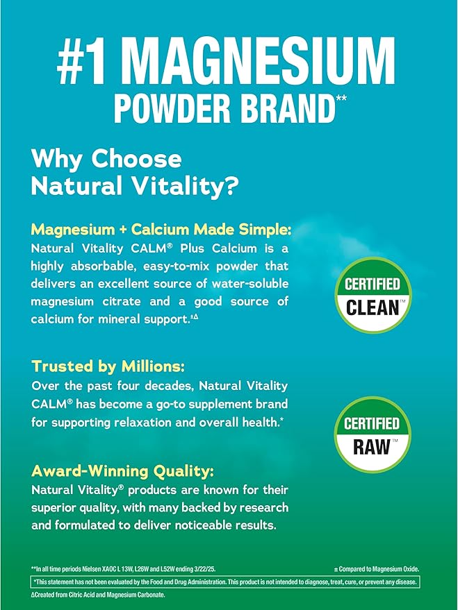 Natural Vitality Calm, Magnesium Citrate & Calcium Supplement, Drink Mix Powder Supports a Healthy Response to Stress, Gluten Free, Vegan, & Non-GMO, Original, 16 oz