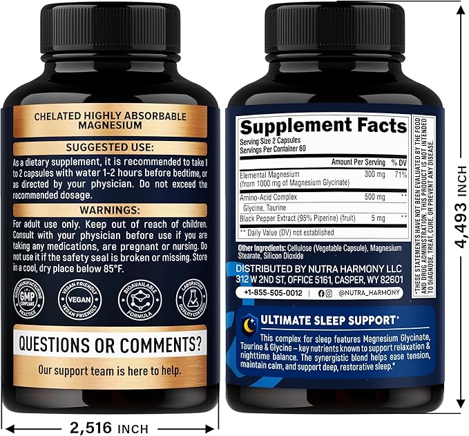 Magnesium Glycinate - Sleep & Relaxation Support - Extra Strength Glycinate, Glycine & Taurine 1500 mg - Magnesium Supplement for Women & Men - Chelated & High Absorption - Made in USA - 120 Capsules