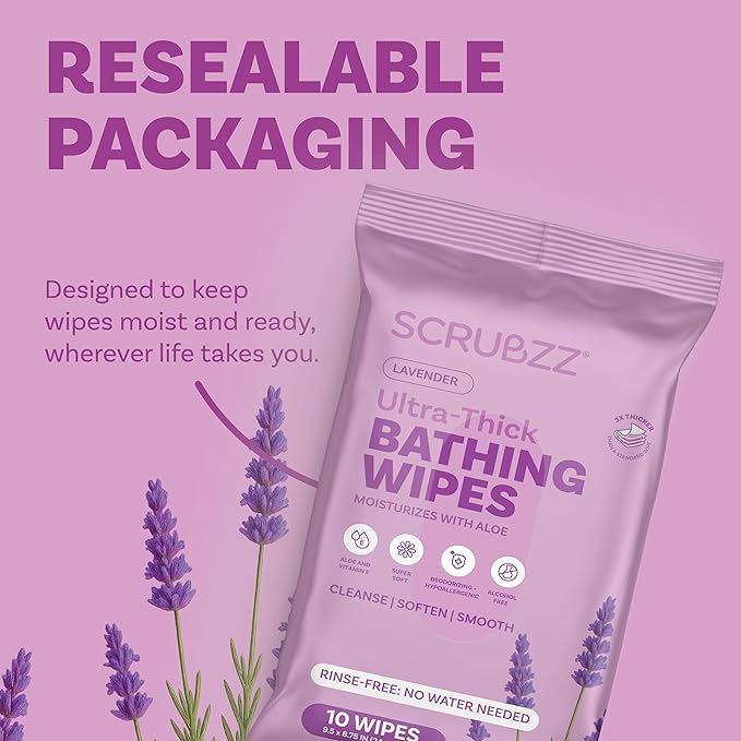 Extra Large Bath Wipes for Adults Bathing No Rinse - 40 Disposable Body Cleansing Wipes for Men, Women & Elderly - Great for Gym, Camping, Post Surgery - Shower Wipes - Lavender