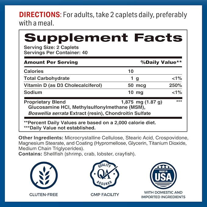 Vitamin World Triple Strength Joint Mover with Vitamin D Glucosamine Chondroitin MSM 80 Caplets, Promotes Healthy Joints, Promotes Comfort and Flexibility, Coated, Gluten Free