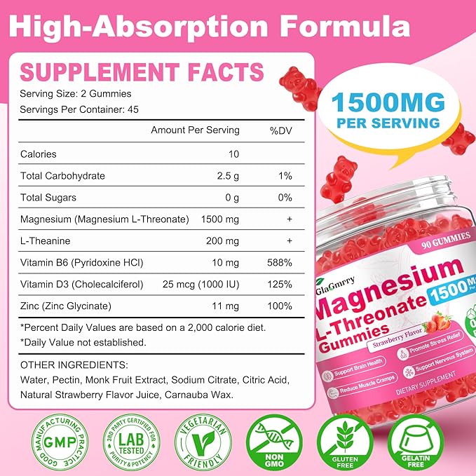 90 Count Magnesium L-Threonate Gummies, High Absorption Magnesium Threonate Supplement for Adults & Kids, Support Brain Health, Memory, Focus, Restful zzZ & Muscle, Sugar Free, Vegan, Non-GMO