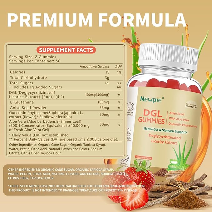 DGL Gummies | Deglycyrrhizinated Licorice Root Extract, Quercetin, Aloe Vera, Anise Seed Powder | Gut Health, Stomach Soothe, Gerd Support, Digestive Comfort | Gluten Free, 60 ct(Strawberry Flavor)
